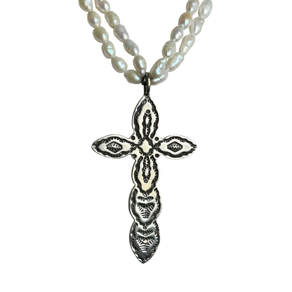 Handmade Sterling Silver Cross Pendant Necklace w/ Freshwater Pearls - Picture 2 of 5